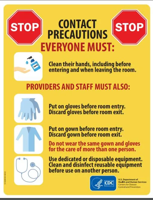 Clean hands, put on gloves and gowns before room entry and discard on exit; use disposable equipment or clean and disinfect reusable equipment.