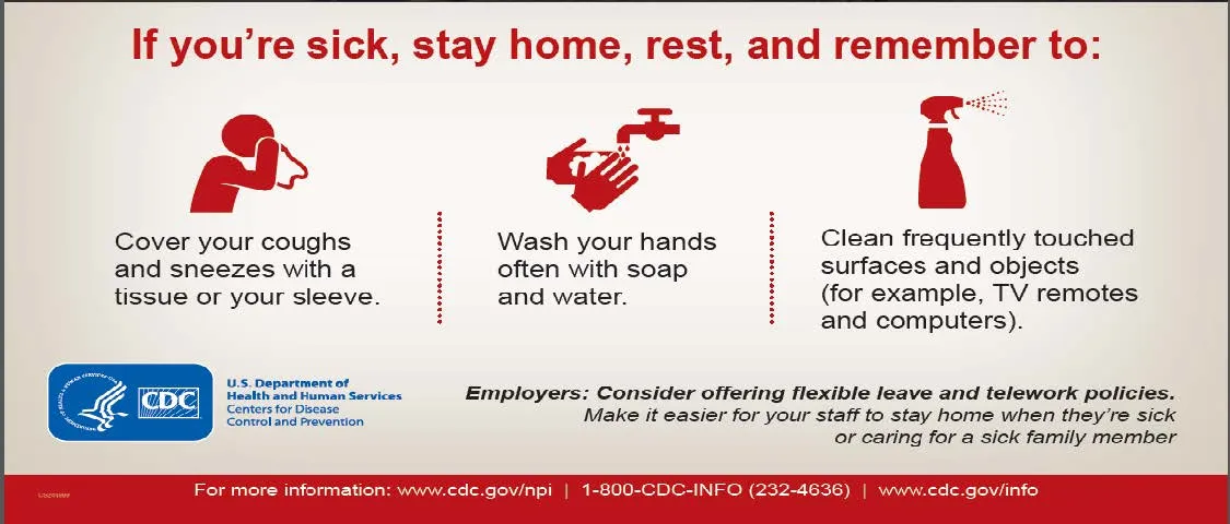 Sick persons should stay home, rest, cover their coughs, wash hands with soap and water and clean frequently touched surfaces