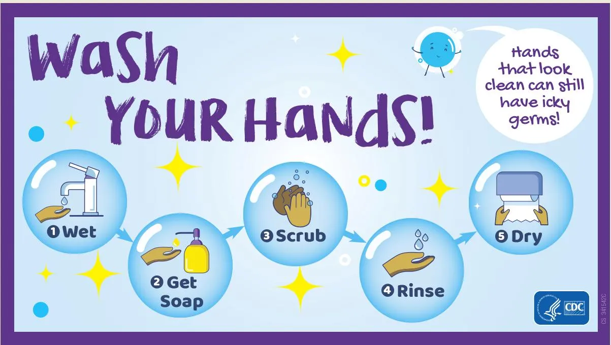 Wash Your Hands - wet, soap, scrub, rinse, dry